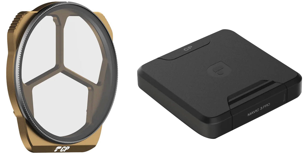 Filtr PolarPro CP do drona DJI Mavic 3 Pro - Widok od przodu pod kątem wraz z etui