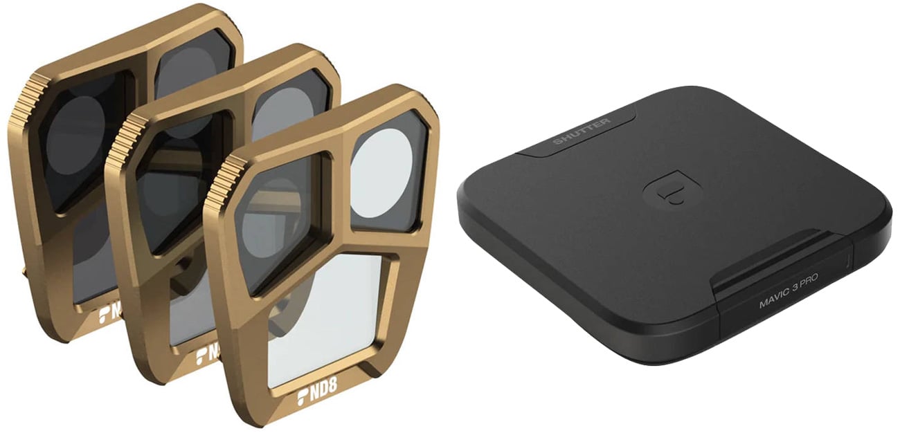 Zestaw trzech filtrów PolarPro Shutter do DJI Mavic 3 Pro - Widok od przodu pod kątem wraz z etui