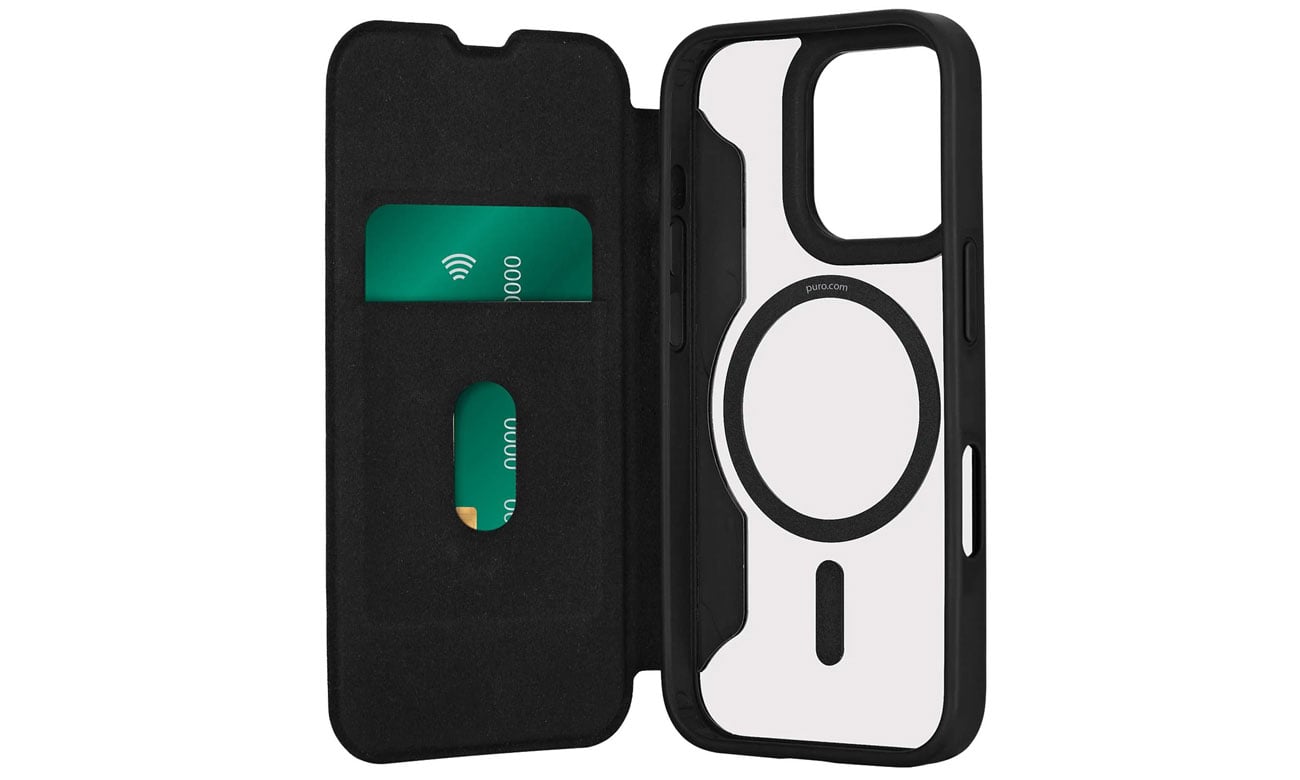 Puro Book Mag MagSafe z klapką i schowkiem na karty do iPhone 16 Pro Max
