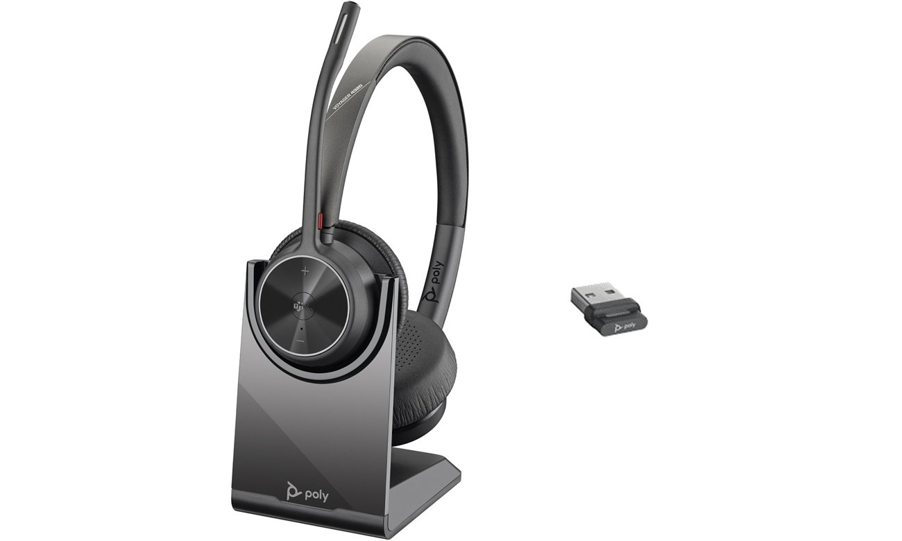 Słuchawki biurowe Poly Voyager 4320 Stereo MS + stacja ładująca - Widok od przodu pod kątem