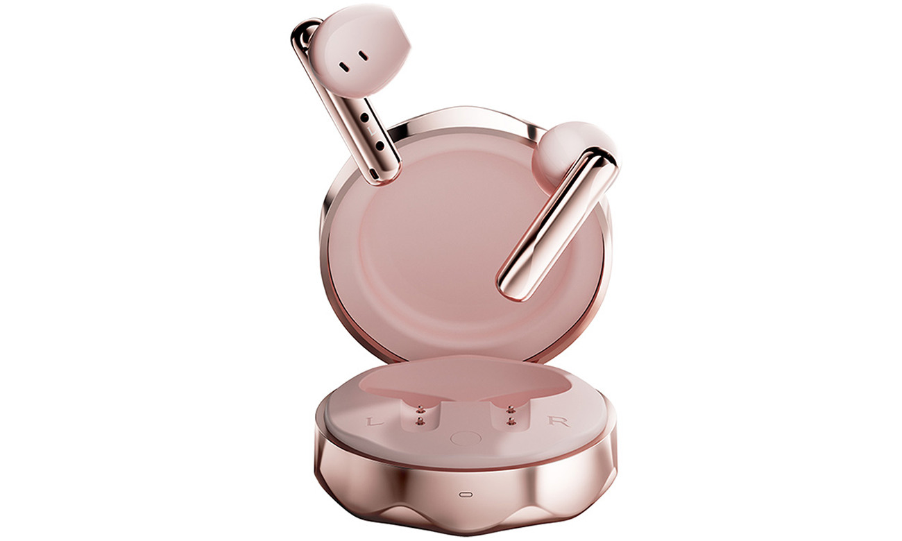 Słuchawki bezprzewodowe QCY T21 Różowe - Widok od przodu wraz z otwartym etui ładującym