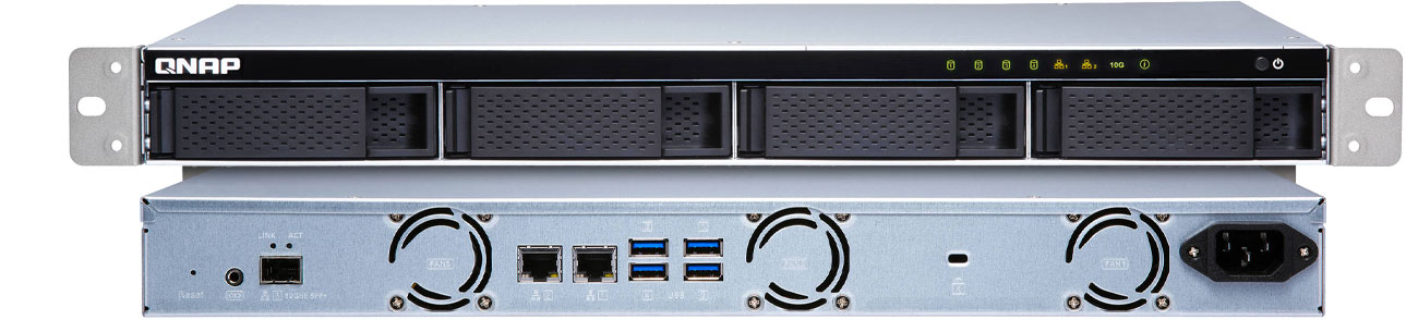 QNAP TS-431XeU-8G Widok z tyłu i z przodu, złącza