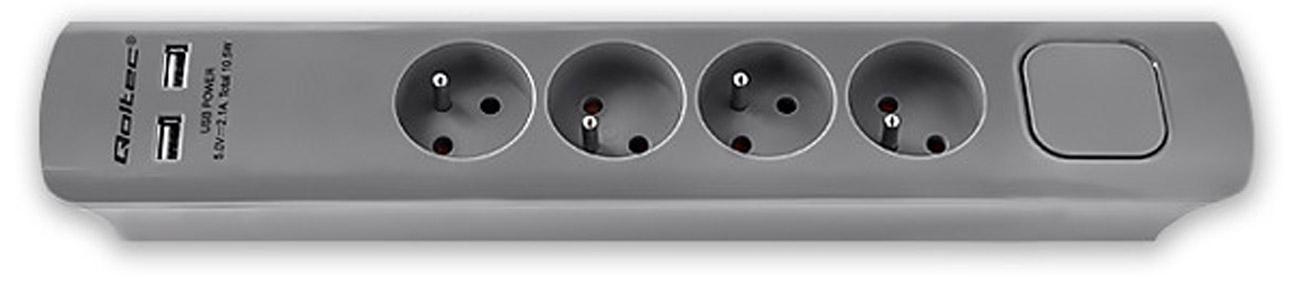 Listwa antyprzepięciowa Qoltec (4 gniazda, 2x USB, 1.8m, szara) - Widok ogólny