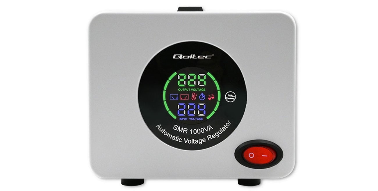 Qoltec AVR PRO 1000VA 3% widok z przodu, wyświetlacz