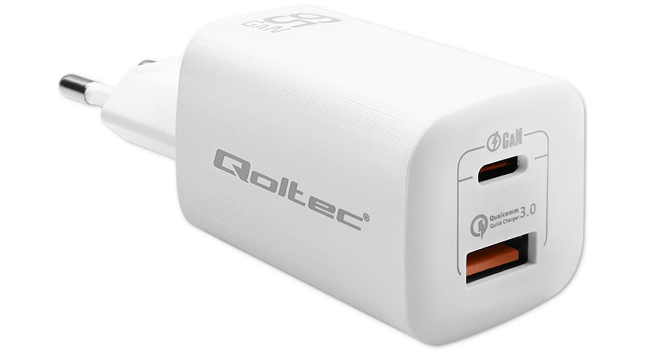 Qoltec GaN ULTRA 65W USB-C PD USB QC 3.0 Ladegerät