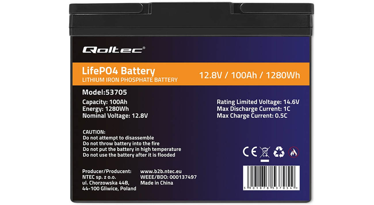 Akumulator Qoltec LiFePO4 12.8V 100Ah 1280Wh BMS