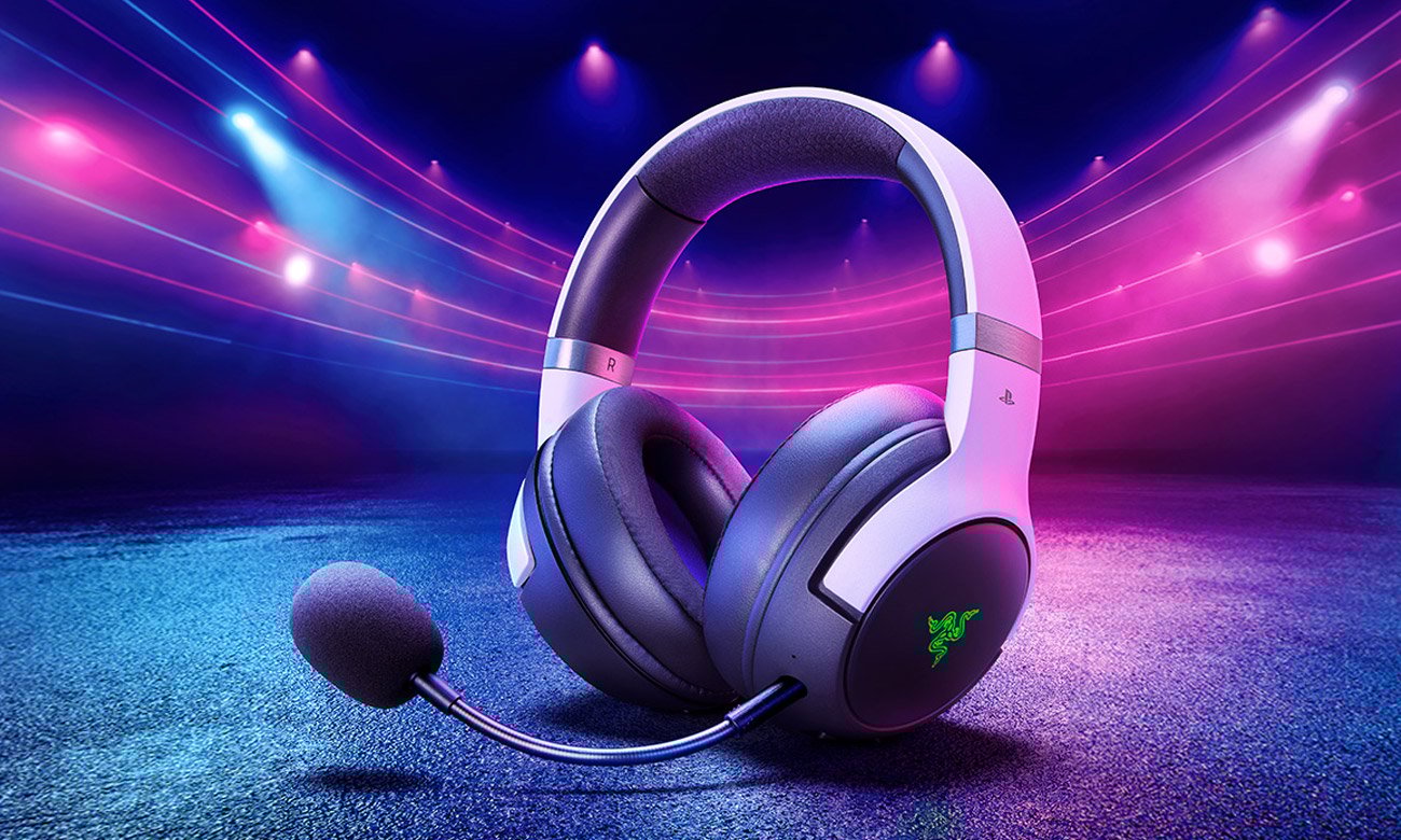 Zestaw słuchawkowy Razer Kaira Pro HyperSpeed PlayStation - Widok od przodu pod kątem, grafika z tłem