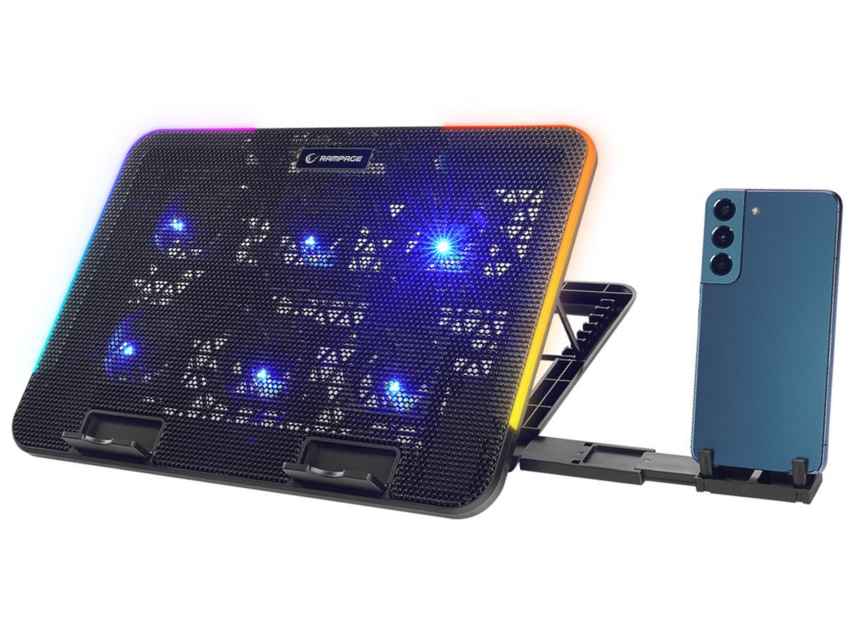 Podstawka chłodząca pod laptopa 15,6'' Rampage Sixpower R9 - Dołączony stojak na telefon
