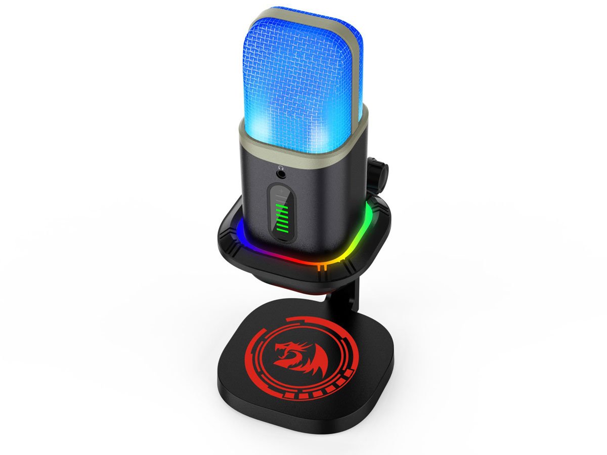 Mikrofon Redragon GM305 Echowave - Widok od przodu pod kątem, podświetlenie RGB