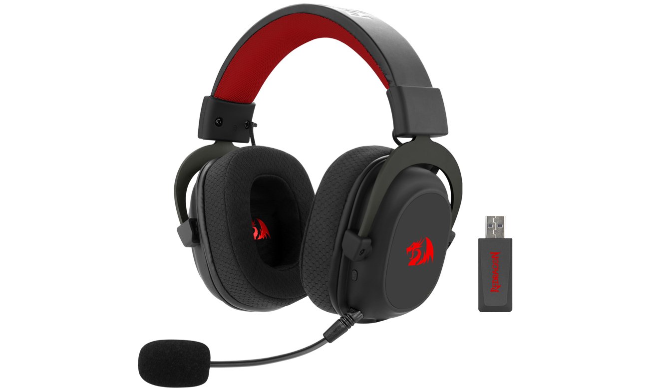 Bezprzewodowy zestaw słuchawkowy Redragon Zeus RGB Pro - Widok od przodu pod kątem z adapterem bezprzewodowym