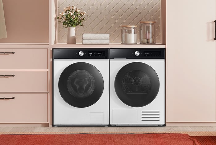 Suszarka Bespoke AI 9 kg DV90DB7845GEU4, nowoczesny design i technologia, idealna do wnętrza.