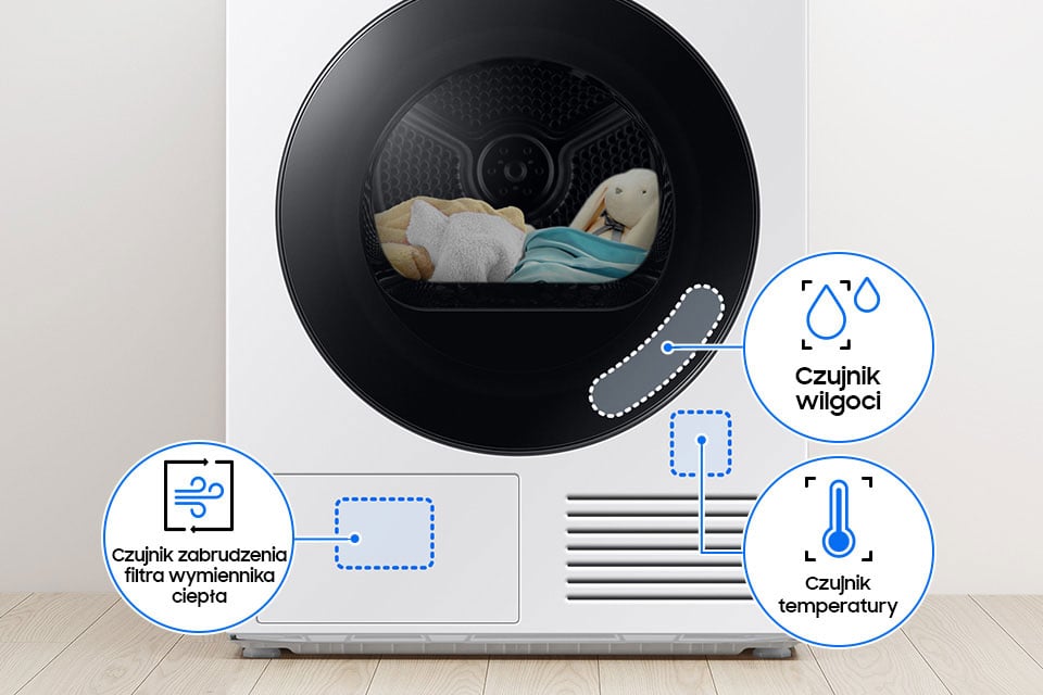Suszarka Bespoke AI 9kg DV90DB7845GEU4 wyposażona jest w zaawansowane czujniki wilgoci oraz temperatury, które precyzyjnie monitorują proces suszenia.