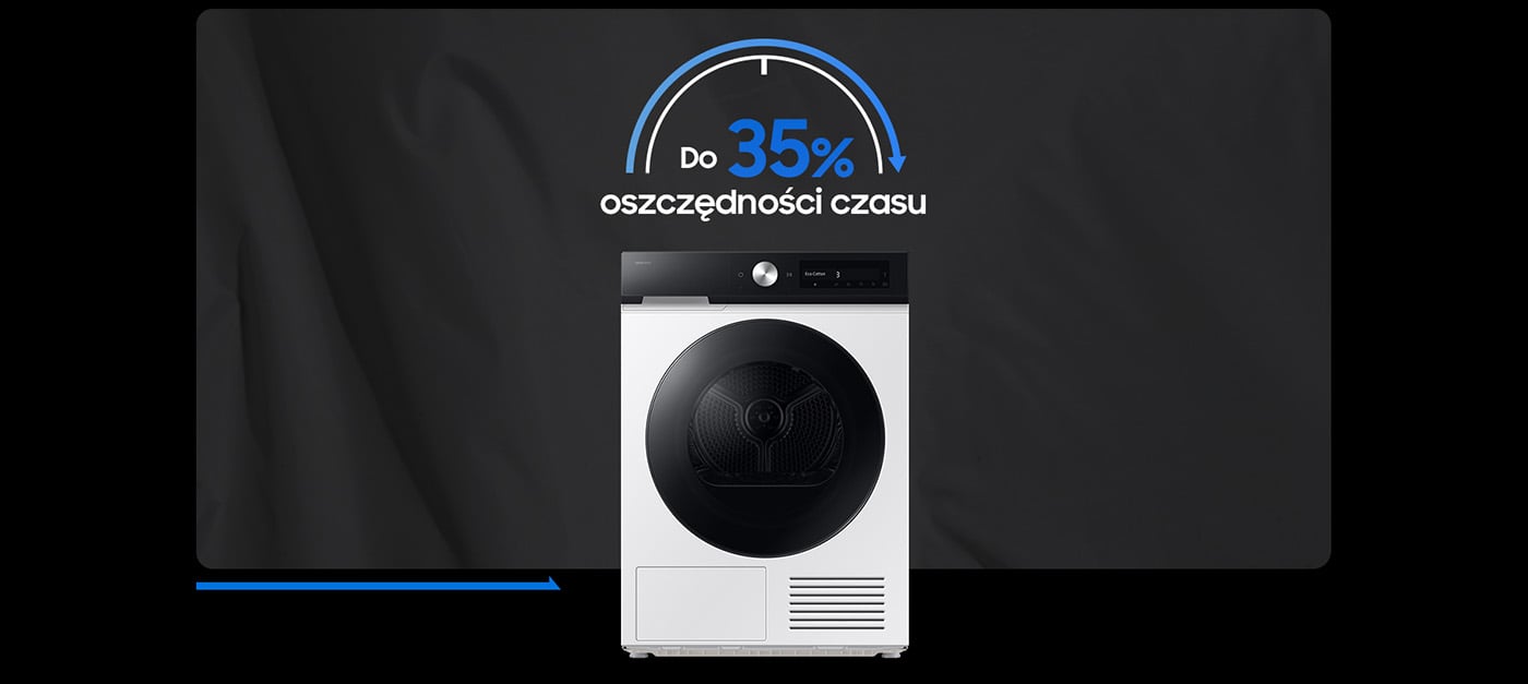 Zdjęcie przedstawia funkcję QuickDrive w suszarce Bespoke AI 9kg DV90DB7845GEU4, która skraca czas suszenia o 35%.