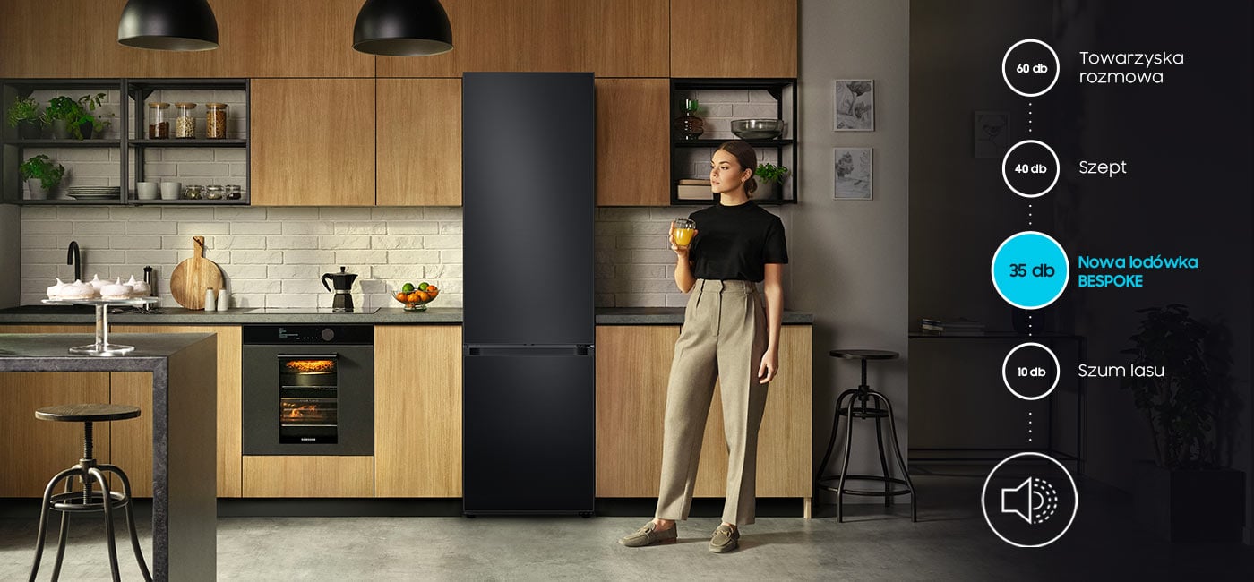 Infografika porównuje głośność lodówki Samsung Bespoke 35 dB z szeptem 40 dB