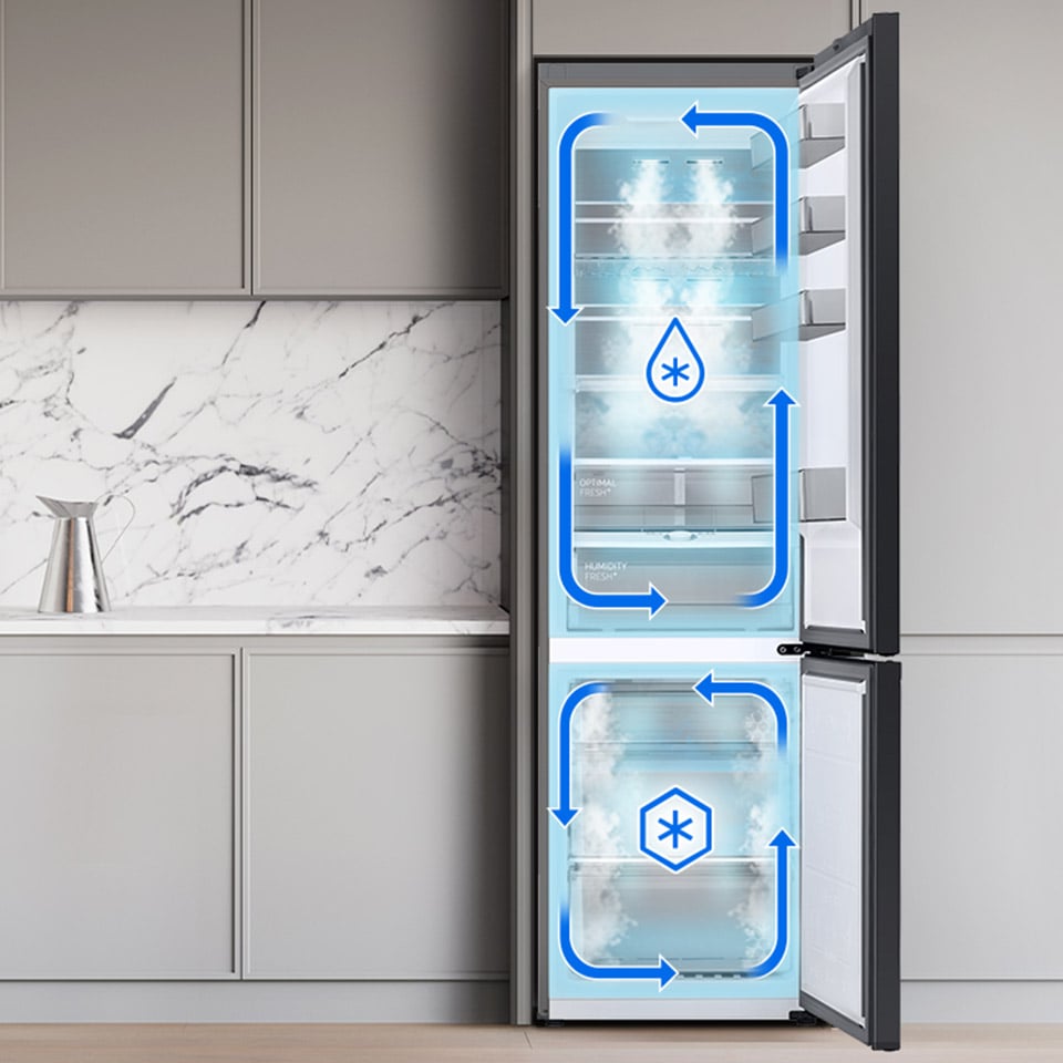 Grafika przedstawia dwa niezależne obiegi powietrza w lodówce Samsung RB38C7B6AB1, które zapewniają przechowywanej żywności optymalne warunki pod względem temperatury i wilgotności