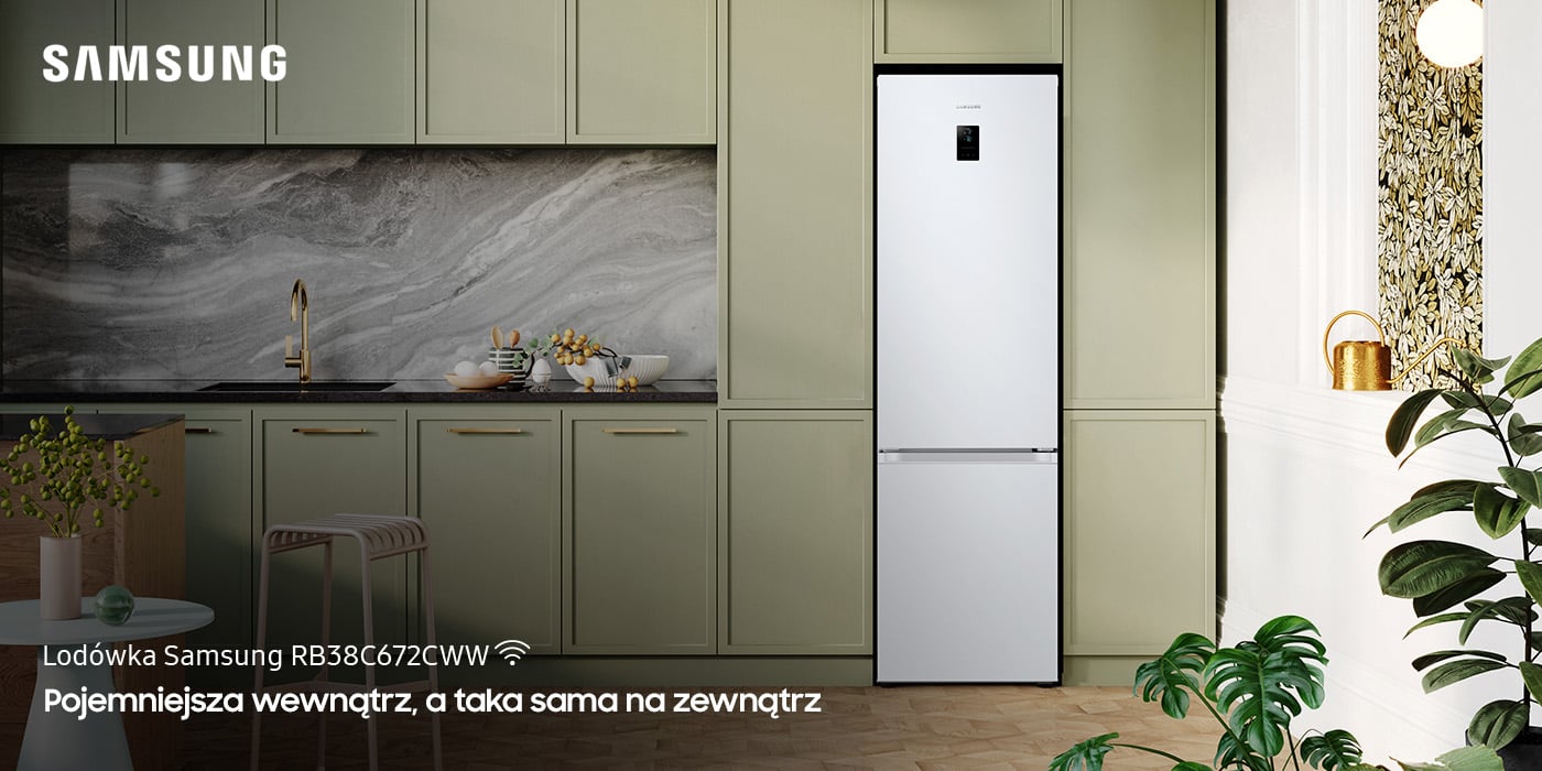 lodówka Samsung rb38c672cww wkomponowana w oliwkową zabudowę w kolorze bieli neonet