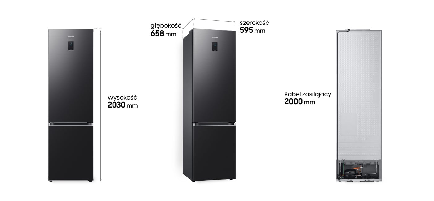 Wymiary lodówki Samsung Grand+ RB38C675EB1 przedstawione na zdjęciach
