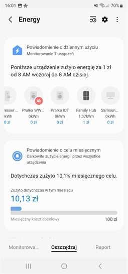 Kiedy zużywasz najwięcej prądu - screen z aplikacji SmartThings - Samsung lodówka RB53DG706CB1