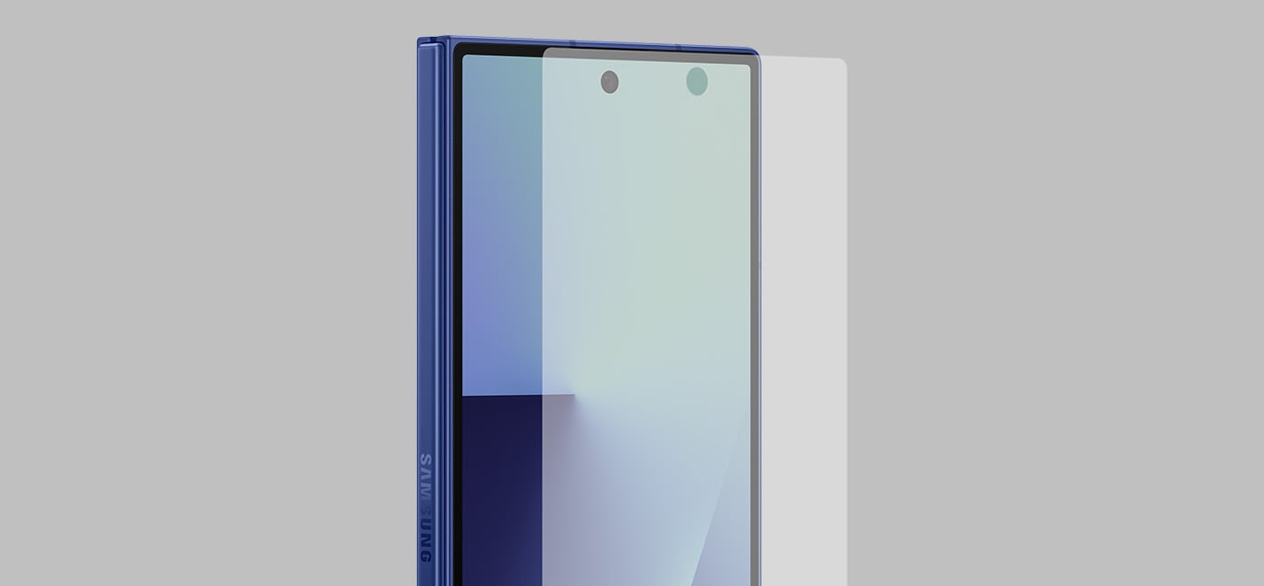 Urządzenie Galaxy Z Fold7 stoi pionowo pod niewielkim kątem z widocznym ekranem. Folia ochronna antyrefleksyjna unosi się w pobliżu ekranu, pokazując dopasowany design. Urządzenie Galaxy Z Fold7 stoi pionowo pod niewielkim kątem z widocznym ekranem. Folia ochronna antyrefleksyjna unosi się w pobliżu ekranu, pokazując dopasowany design.