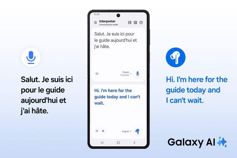 Ikona Galaxy AI obok Samsunga Galaxy S25 z otwartym Tłumaczem, pokazująca francuski tekst źródłowy. Pod francuskim tekstem źródłowym znajduje się tłumaczenie w języku angielskim. Angielskie tłumaczenie to „Cześć. Jestem tu dzisiaj z przewodnikiem i nie mogę się doczekać tekstu pisanego”. Ikona Galaxy AI obok Samsunga Galaxy S25 z otwartym Tłumaczem, pokazująca francuski tekst źródłowy. Pod francuskim tekstem źródłowym znajduje się tłumaczenie w języku angielskim. Angielskie tłumaczenie to „Cześć. Jestem tu dzisiaj z przewodnikiem i nie mogę się doczekać tekstu pisanego”.