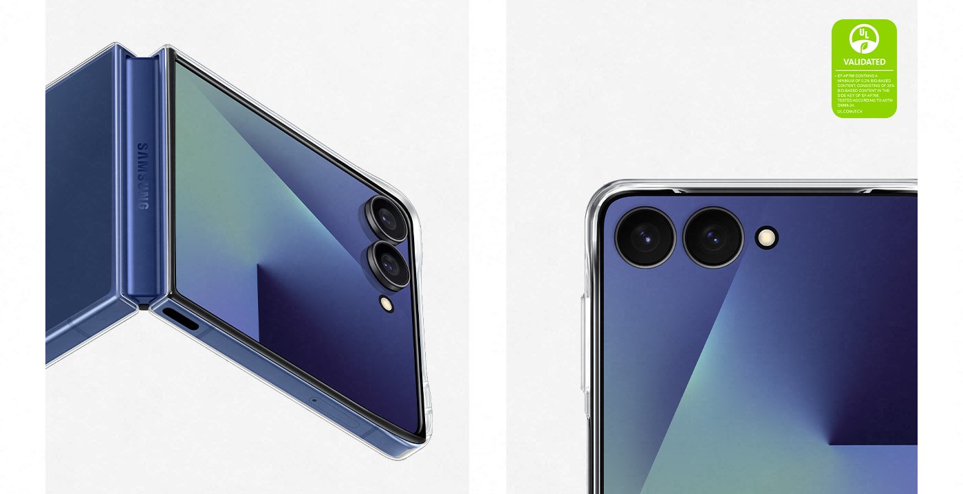 Jeden lekko rozłożony Galaxy Z Flip7 z założonym przezroczystym etui Clear Case prezentuje szczegóły okna FlexWindow i zawiasów. Drugi Galaxy Z Flip7 z założonym przezroczystym etui Clear Case to zbliżenie podwójnego aparatu pokazujące podniesioną konstrukcję krawędzi, która zapewnia aparatowi dodatkową ochronę. Tekst brzmi ZATWIERDZONY PRZEZ UL PRODUKT EF-AF766 ZAWIERA MINIMUM 0.2% MATERIAŁÓW POCHODZĄCYCH Z RECYKLINGU BIOLOGICZNEGO, SKŁADAJĄCY SIĘ W 35% MATERIAŁÓW POCHODZĄCYCH Z RECYKLINGU BIOLOGICZNEGO W PRZYCISKU BOCZNYM EF-AF766. TESTOWANY ZGODNIE Z NORMĄ ASTM D6866-24. UL.COM/ECV