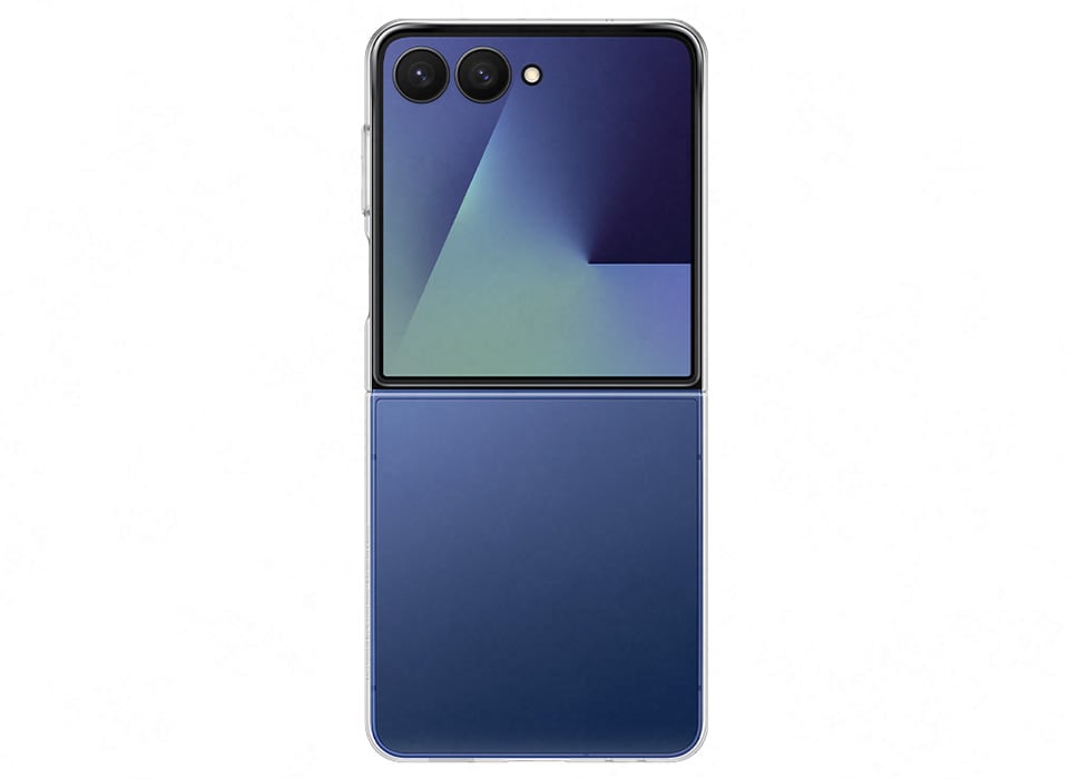 Widok z przodu całkowicie rozłożonego Galaxy Z Flip7 z założonym przezroczystym etui Clear Case i oknem FlexWindow skierowanymi do przodu.