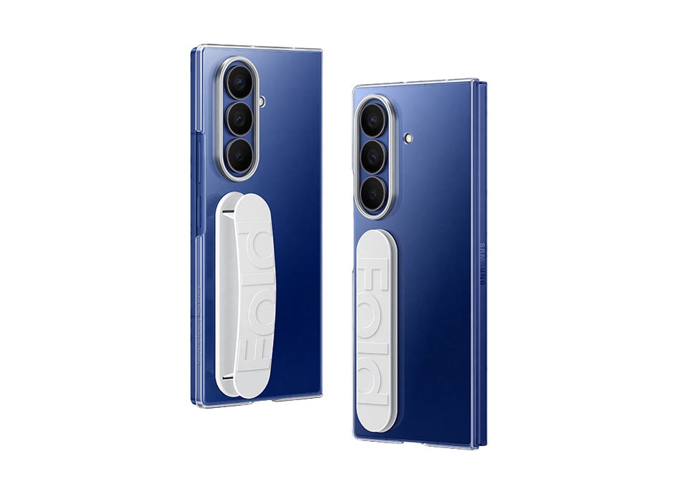 Dwa złożone urządzenia Galaxy Z Fold7 stoją pionowo i w widoku z tyłu przechylone ku sobie. Mają założone etui Clear Grip Case. Jedno z etui ma wysuwany uchwyt, a drugie ma uchwyt schowany, co zapewnia smukłą sylwetkę. Dwa złożone urządzenia Galaxy Z Fold7 stoją pionowo i w widoku z tyłu przechylone ku sobie. Mają założone etui Clear Grip Case. Jedno z etui ma wysuwany uchwyt, a drugie ma uchwyt schowany, co zapewnia smukłą sylwetkę.