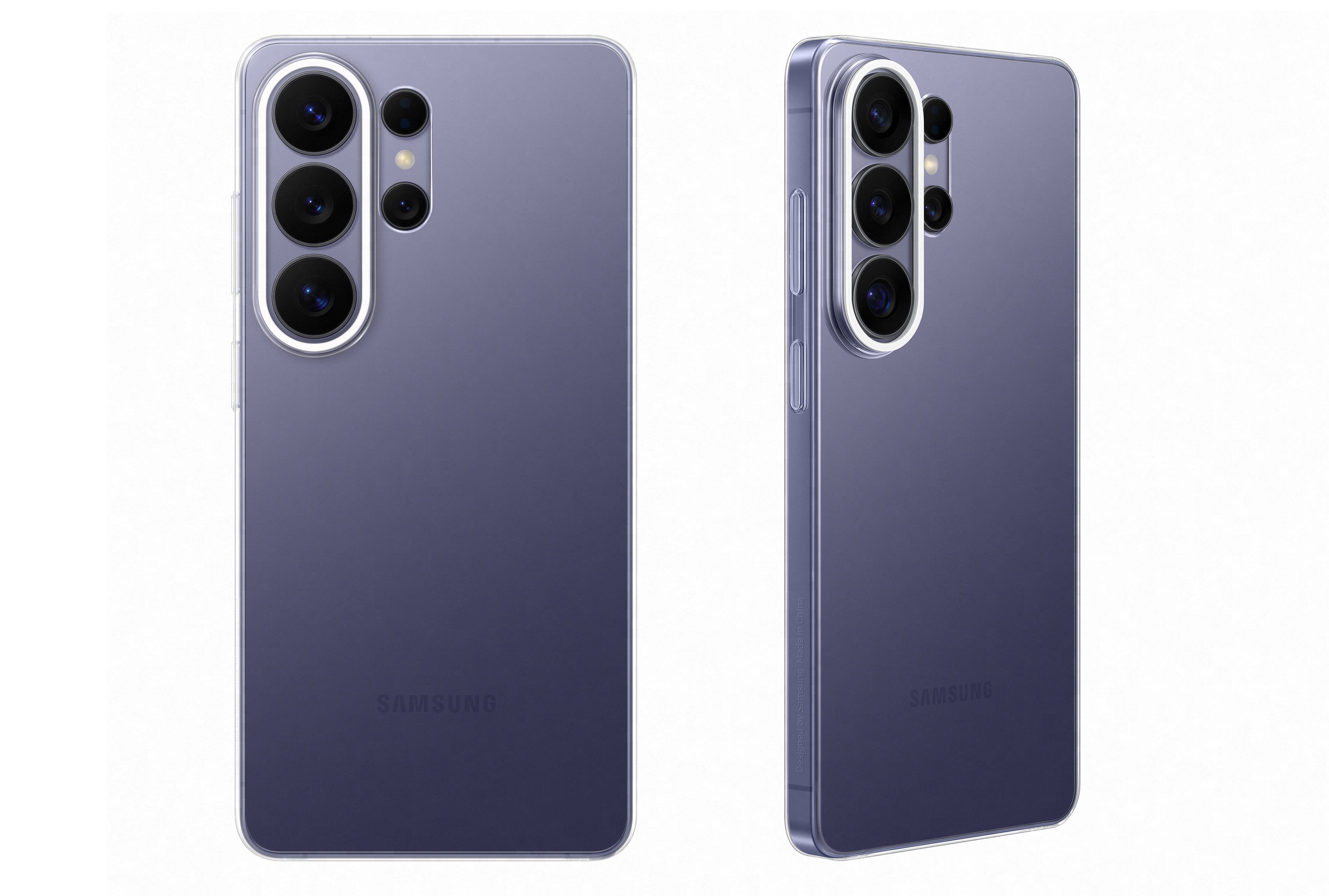 Widok z tyłu fioletowego Galaxy S26 z założonym przezroczystym etui Clear Case