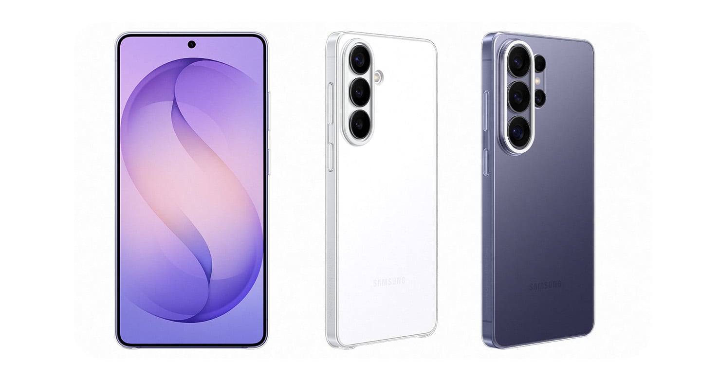 Widok  Galaxy S26 z założonym przezroczystym etui Clear Case, 