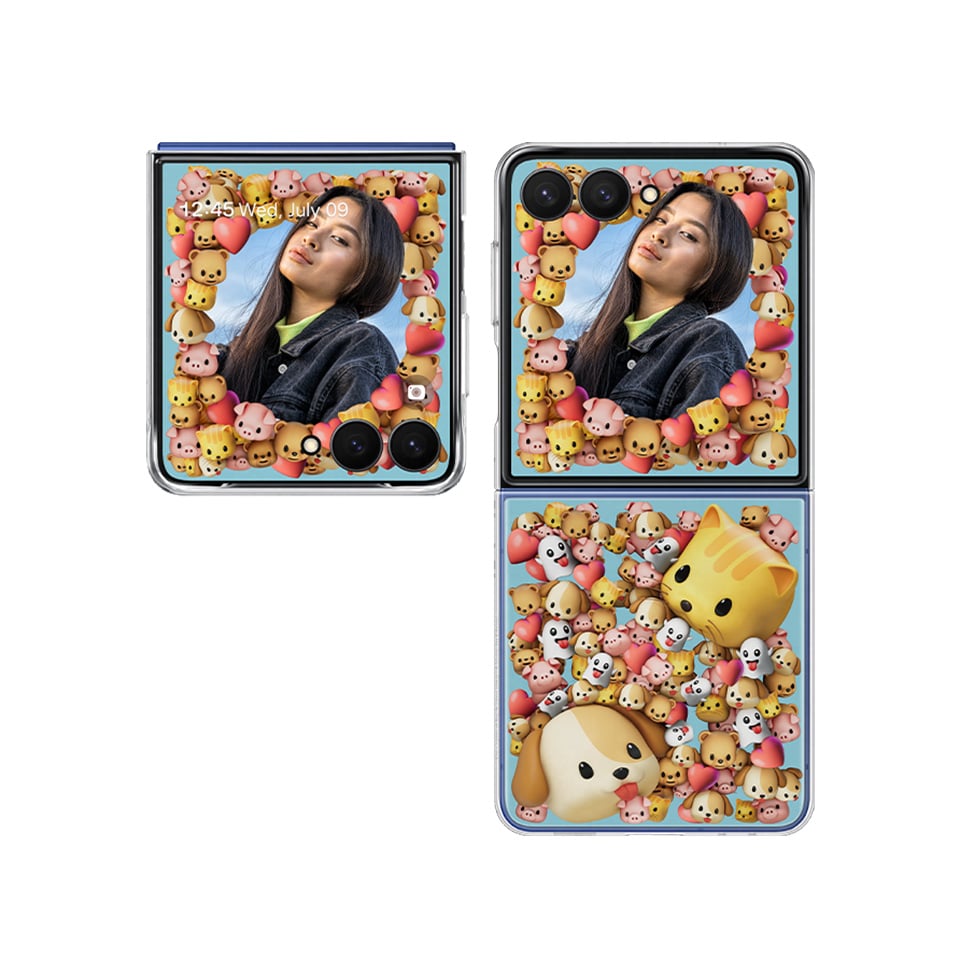 Dwa Galaxy Z Flip7 z konfigurowalnymi ramkami na zdjęcia. Jeden Galaxy Z Flip7 jest całkowicie zamknięty z portretem kobiety w oknie FlexWindow. Drugi Galaxy Z Flip7 jest całkowicie otwarty, pokazując ten sam portret w oknie FlexWindow z włożoną płytką Flipsuit. Dwa Galaxy Z Flip7 z konfigurowalnymi ramkami na zdjęcia. Jeden Galaxy Z Flip7 jest całkowicie zamknięty z portretem kobiety w oknie FlexWindow. Drugi Galaxy Z Flip7 jest całkowicie otwarty, pokazując ten sam portret w oknie FlexWindow z włożoną płytką Flipsuit.