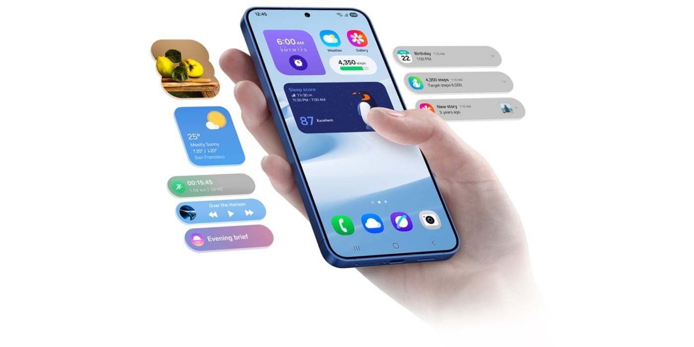 Galaxy S25 Plus mit verschiedenen Widgets auf dem Startbildschirm.