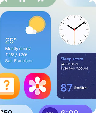 Widgets wie Wetter, Uhr, Schlaftracking und Galerie.