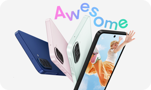 Galaxy A27 5G w różnych kolorach na białym tle z napisem „Awesome” i dynamiczną grafiką promocyjną.