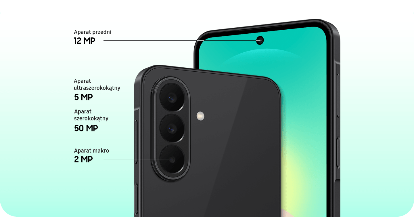 Zbliżenie na tylny potrójny aparat Galaxy A27 5G w czarnym kolorze oraz na przedni aparat.