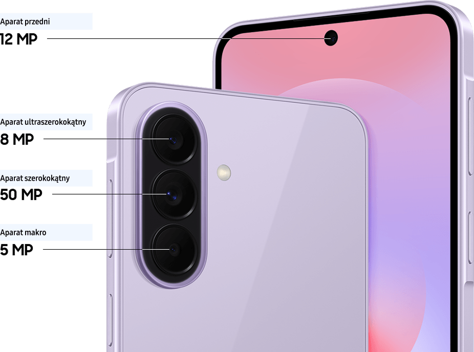 Fioletowy Galaxy A37 5G: potrójny aparat 50+8+5 MP z tyłu i przedni 12 MP, pokazane w zbliżeniu.