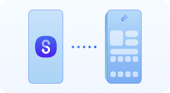 Smartfon z ikoną Smart Switch przesyła dane do innego telefonu, pokazując wiele warstw informacji na ekranie.