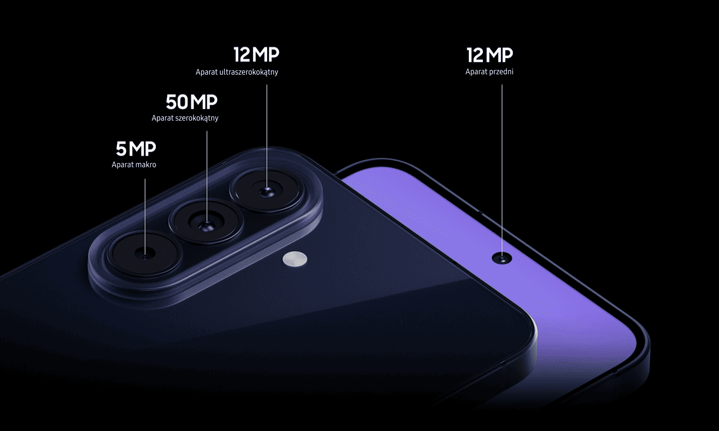 Zbliżenie na tylny potrójny aparat Galaxy A57 5G w granatowym kolorze oraz na przedni aparat.
