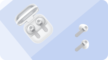 Galaxy Buds 4 w kolorze białym pokazane w etui z otwartym etui. Kolejna para Galaxy Buds 4 w kolorze białym bez etui.