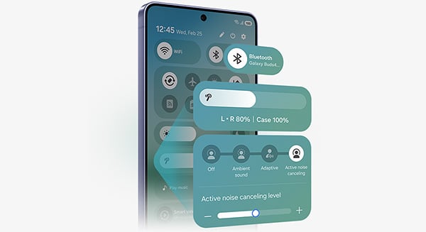 Galaxy z panelem szybkiego dostępu One UI 8.5; widać Bluetooth, głośność i redukcję szumów.