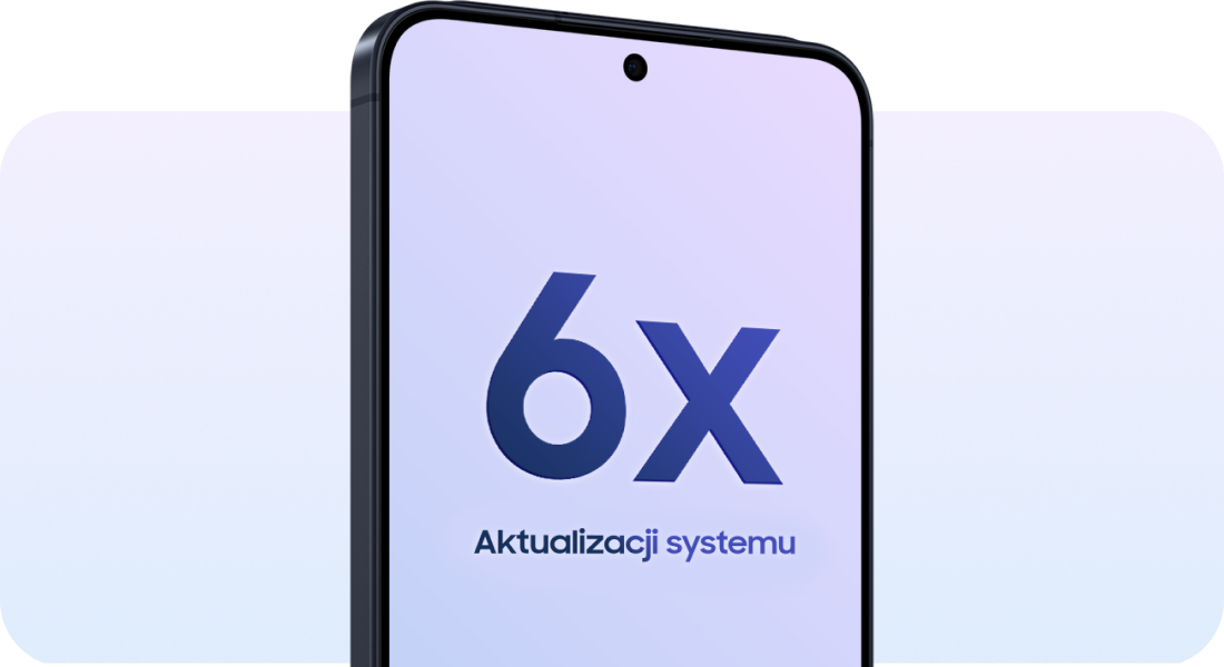 Galaxy A57 5G w granatowym kolorze, z przodu; na ekranie napis: „6x ulepszenia systemu operacyjnego”