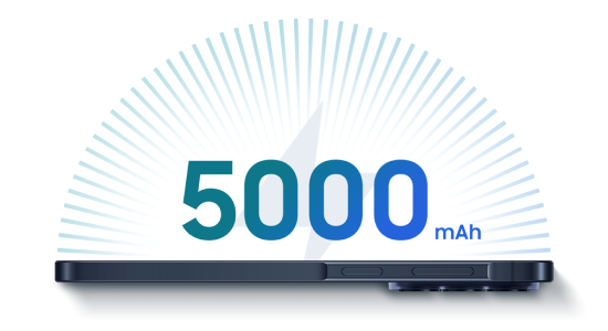 Na zdjęciu Galaxy A57 5G. Nad urządzeniem widnieje napis „5000 mAh”, który zapewnia całodzienną produktywność i rozrywkę.