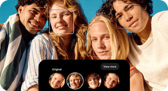 Grupowe zdjęcie czterech młodych osób z opcjami wyboru najlepszego wyrazu twarzy jednej z kobiet dzięki funkcji Best Face.