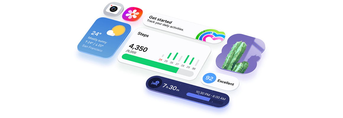 Różne ikony aplikacji i widżety aplikacji z interfejsu użytkownika One UI 8.5 są przejrzyście ułożone w siatce, co podkreśla intuicyjny wygląd.