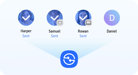 Ikona szybkiego udostępniania z listą czterech odbiorców, ich nazwami, urządzeniami i statusem wysłania.