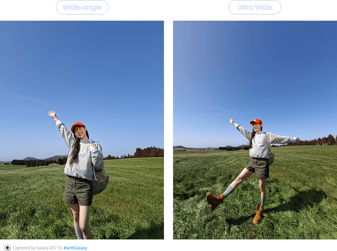 Dwa portrety młodej kobiety na tle nieba, pokazujące efekt zdjęć szerokokątnych i ultraszerokokątnych Galaxy A57 5G.