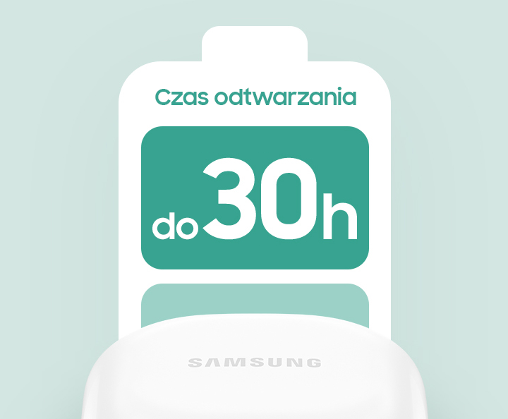 battery 2 Zamknięta obudowa Galaxy Buds FE z ilustracją baterii i napisem Czas odtwarzania do 30 godzin.
