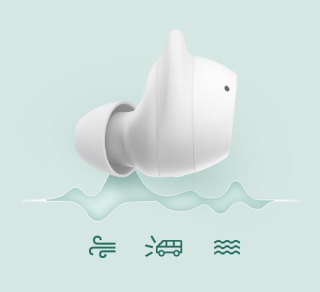 sm-r400-13-ai-powered-crispy-call pc Widok słuchawki dousznej Galaxy Buds FE z boku. Poniżej pokazane są trzy ikony przedstawiające wiatr, klakson i hałas.
