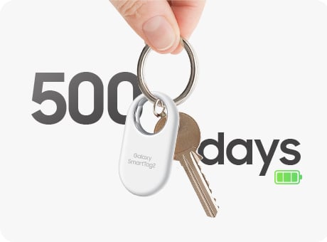 Рука тримає білий локатор Samsung Galaxy SmartTag2, прикріплений до дверного ключа.  На задньому плані зелена іконка зарядженої батареї та напис «500 днів» із зазначенням максимального часу роботи пристрою.