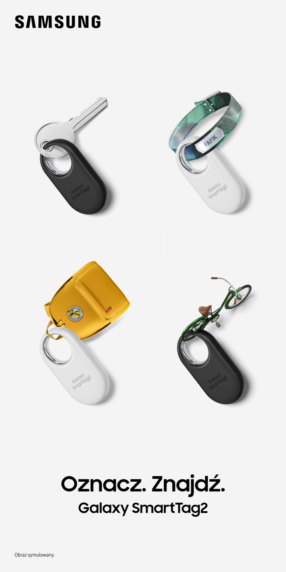 mod-galaxy-smarttag2 main-kv ooh v rgb-v2 Cztery lokalizatory Samsung Galaxy SmartTag2 w kolorach czarnym i białym pokazane na szarym tle.