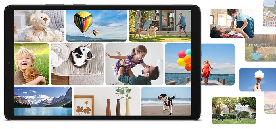 "Na ekranie Galaxy Tab A11 wyświetlany jest kolaż zdjęć w trzech poziomych rzędach. Niektóre zdjęcia wychodzą poza ramkę tabletu. Zdjęcia przedstawiają rodzinne chwile, w tym zwierzęta i podróże. Pod tabletem i zdjęciami znajduje się tekst z informacjami o pamięci: „Pamięć masowa: do 128 GB” „Obsługa pamięci zewnętrznej: microSD (do 2 TB)”"